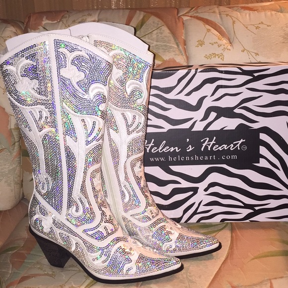 white sequin cowboy boots